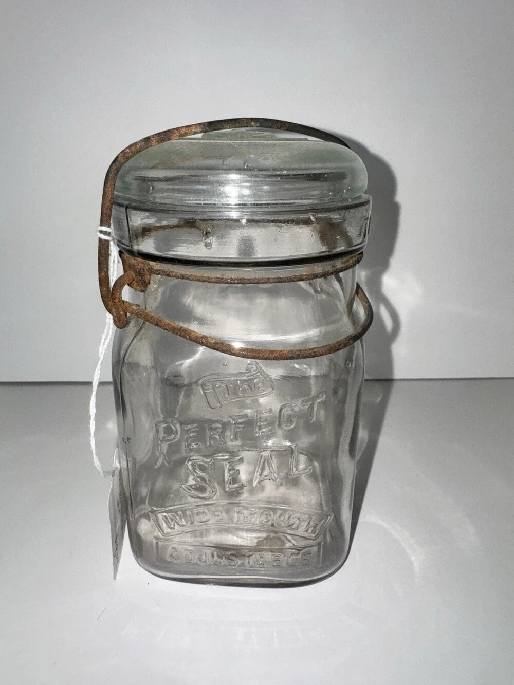 Antique The Perfect Seal Wide Mouth Adjustable Glass Canning Jar w/ Lid Square
